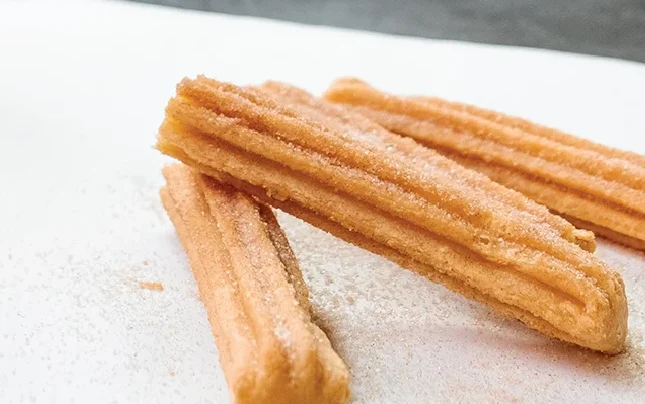 Churros plated for photo, doused with cinnamon and sugar .